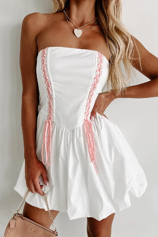 Mini dresses with puff sleeves for a vintage lookIconic Reputation Lace-Up Strapless Bubble Dress (Off White)