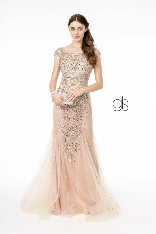 Wedding guest dresses with puff sleeves and knee - length hemsJewel and Beads Long Prom Mermaid Dress