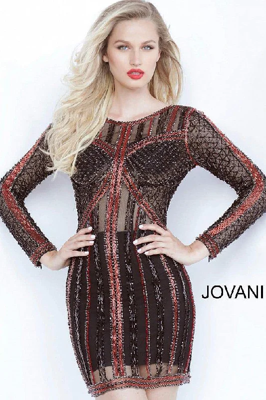 Plaid wedding guest dresses in muted colors for a fall weddingJovani 68478 Short Dress