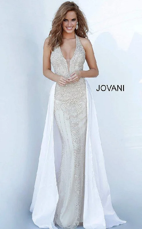 Wedding guest dresses with patchwork designs for a unique lookJovani 3698 Long Halter Beaded Prom Dress