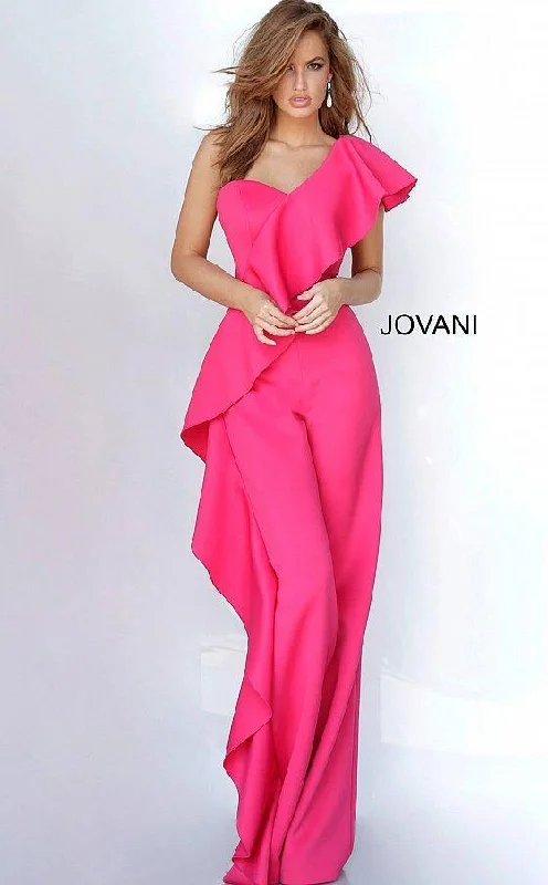 Embroidered wedding guest dresses in earthy tones for a rustic weddingJovani 02617 Off Shoulder Ruffle Jumpsuit