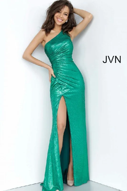 Satin wedding guest dresses with side slits for a sexy touchJovani 4734 Long Formal One Shoulder Prom Gown