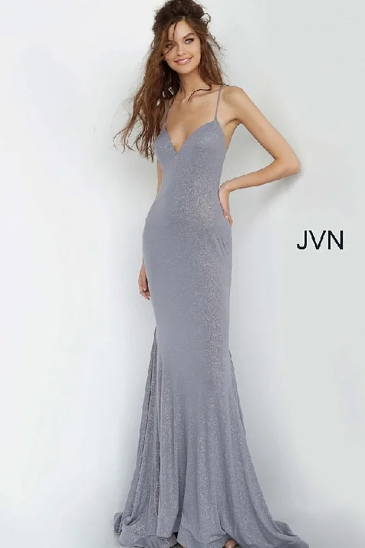 Sheer wedding guest dresses with lace inserts and long sleevesJovani 68745 Long Prom Dress