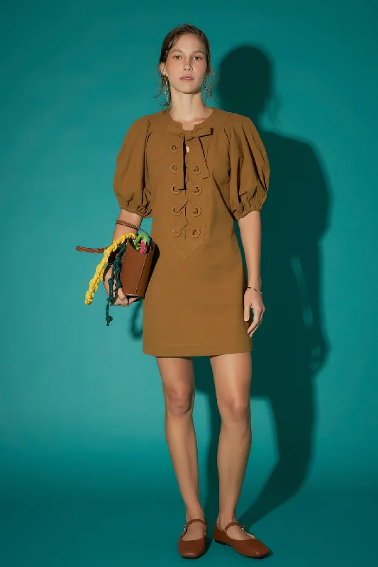 Mini dresses with button - down frontsLaced Up Puffed Sleeve Mini Dress