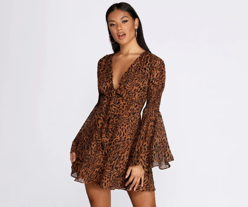 Mini dresses with V - necklines for a flattering shapeLeopard Bell Sleeve Chiffon Mini Dress