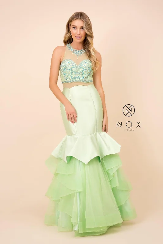 Sleeveless wedding guest dresses with pleated bodicesLong Formal Prom Two Piece Gown Mermaid Dress