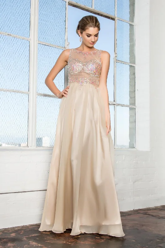 Printed wedding guest dresses with tropical motifs for beach weddingsLong Formal Sleeveless Beaded Chiffon Prom Evening Dress
