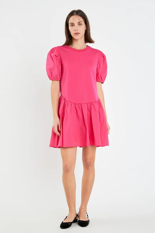 Mini dresses with V - necklines for a flattering shapePuff Sleeve Mixed Media Mini Dress
