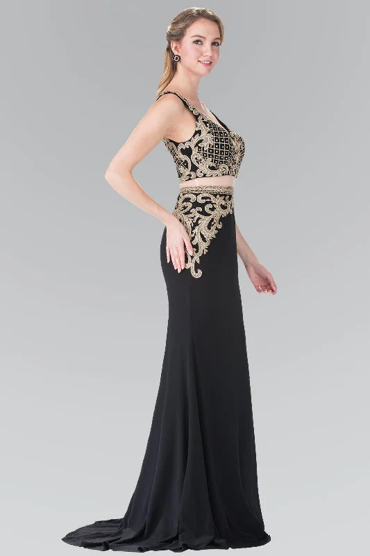 Wedding guest dresses with gathered skirts and V - necklinesLong Two Piece Formal Evening Prom Dress
