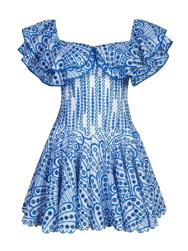 Sheer mini dresses with lace insertsNicole Print Mini Dress - Blue Print