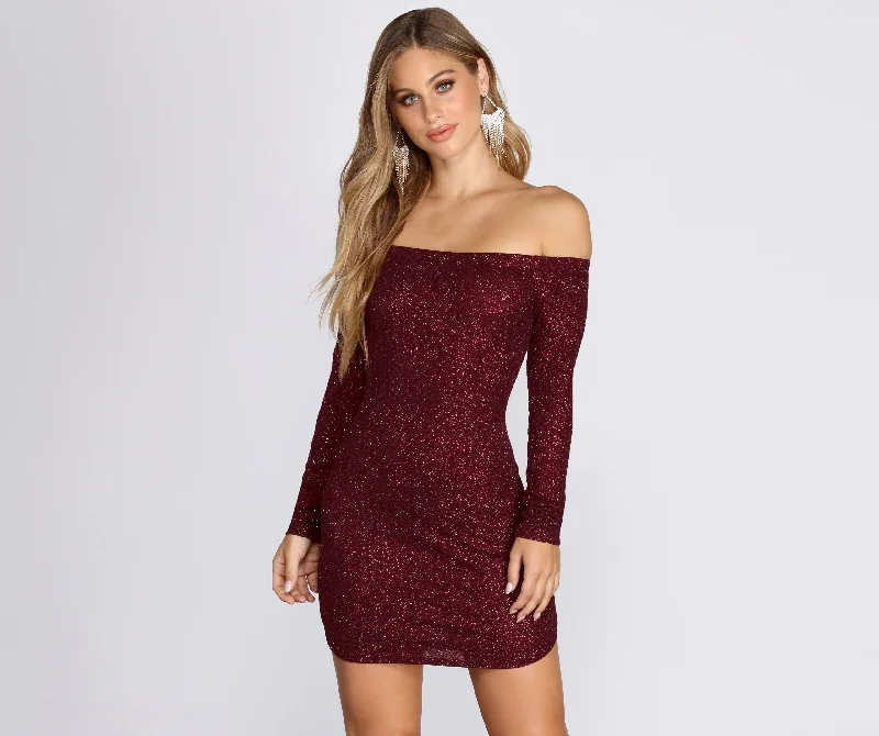 Polyester mini dresses for easy careOff Shoulder Long Sleeve Glittering Mini Dress