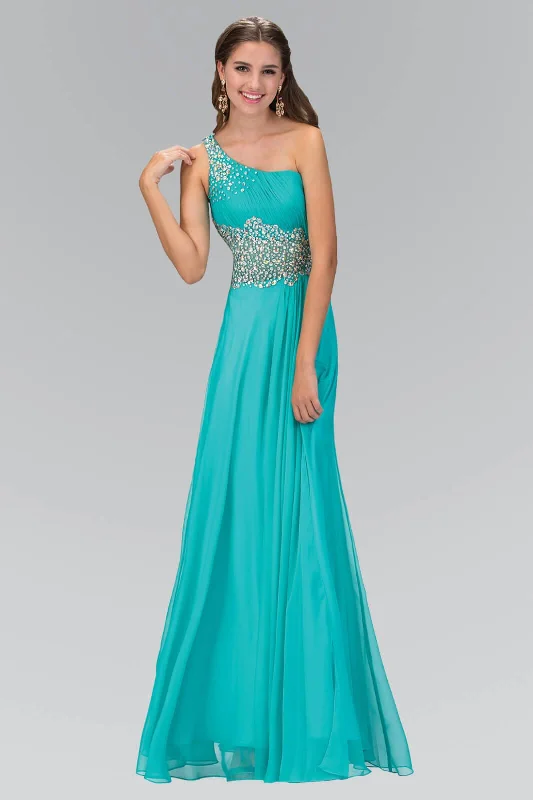 Ruffled - sleeve wedding guest dresses in light blue for a spring weddingOne Shoulder Chiffon Long Prom Dress Formal
