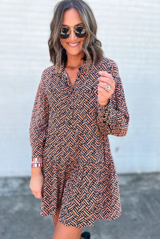 Mini dresses with asymmetric hems for a fashion - forward lookKarlie Orange Black Geometric Long Sleeve Tiered Dress