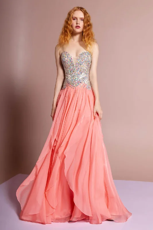 A - line cocktail wedding guest dresses in pastel colorsProm Formal Strapless Sweetheart Chiffon Long Dress