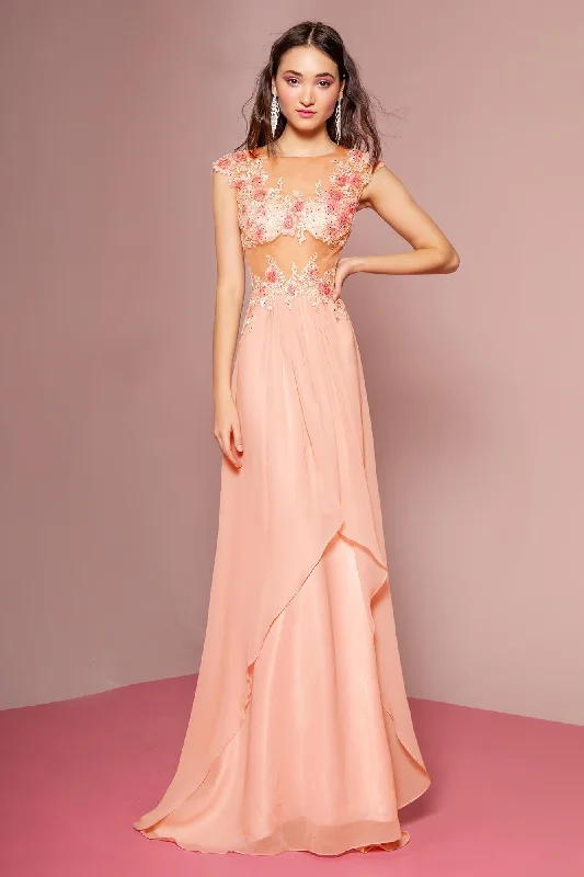 Wrap - style wedding guest dresses with bow accentsProm Long Dress Cap Sleeve Chiffon Evening Gown