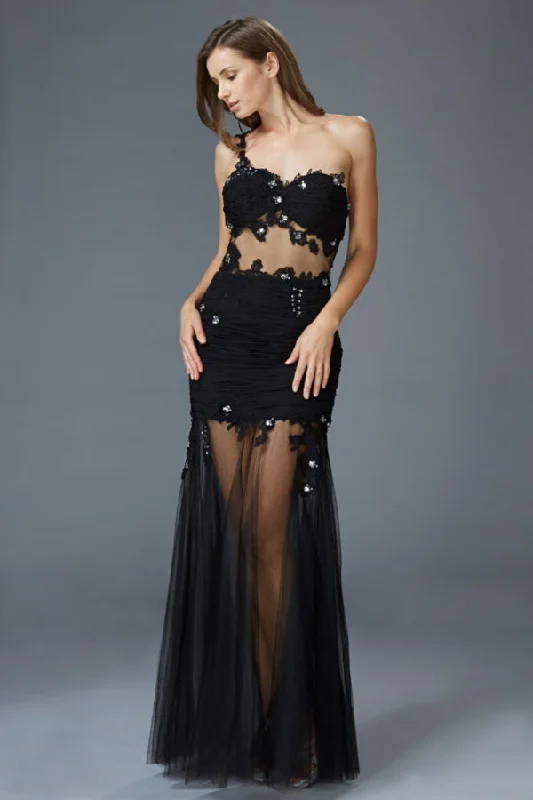 Wedding guest dresses with gathered skirts and V - necklinesProm Long One Shoulder Strap Formal Dress