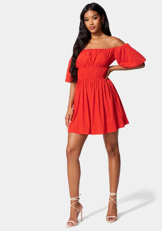 Mini dresses with button - down frontsPuff Sleeve Tiered Poplin Flare