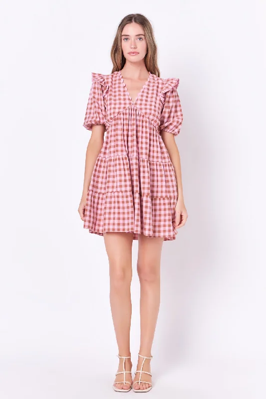 Mini dresses with off - the - shoulder stylesRickrack Trim Edge Check Mini Dress