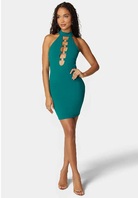 Satin mini dresses for a luxurious feelRing Detail Plunge Neck Mini Dress