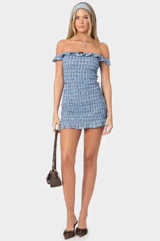 Mini dresses with abstract prints for an artistic lookOff Shoulder Scrunched Plaid Mini Dress