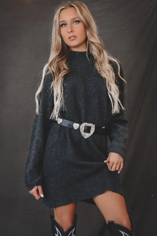 Mini dresses with ruched bodices for a feminine touchSadie & Sage Charcoal Carson Hugh Neck Sweater Dress