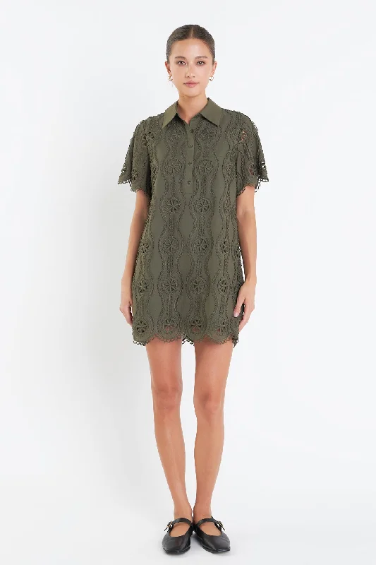 Mini dresses with pocket details for added functionalityScallop Embroidered Cotton Mini Shirt Dress