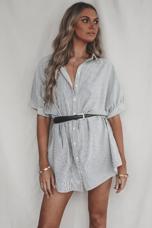 Sheer mini dresses with lace insertsSaid What I Said Short Sleeve Striped Button Up Dress