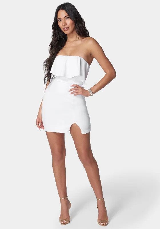 Mini dresses with asymmetric hems for a fashion - forward lookStrapless Flounce Mini Dress