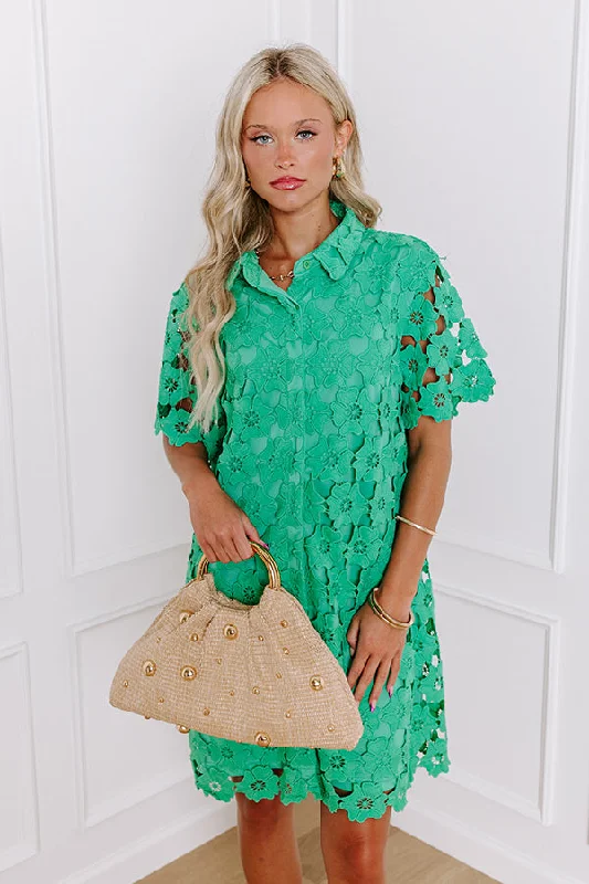 Mini dresses with asymmetric hems for a fashion - forward lookSunshine Sunday Crochet Mini Dress in Emerald