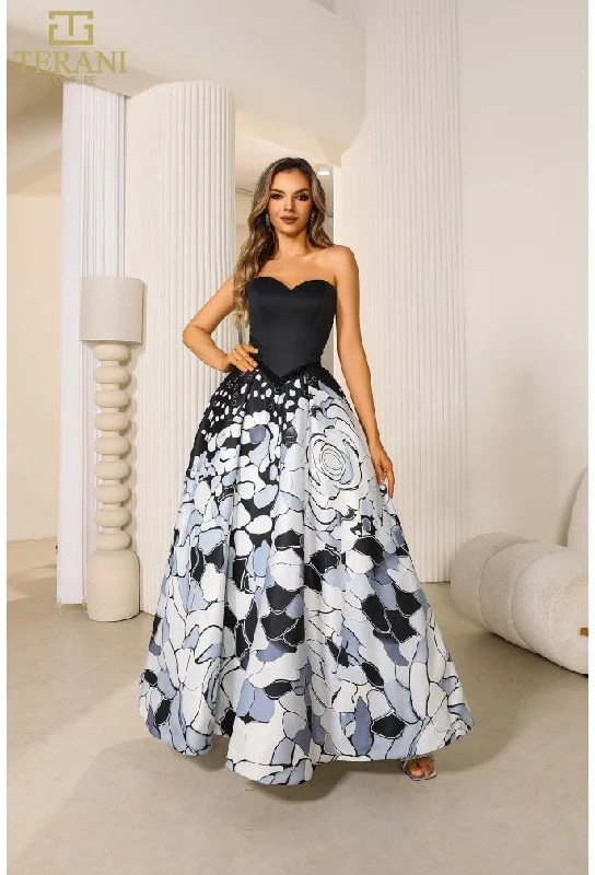 Satin maxi dresses with a high - low hem for a modern twist Satin maxi dresses with a high - low hem for a modern twist Terani Couture 251P4373 Printed Long Ball Gown Formal Prom Dress