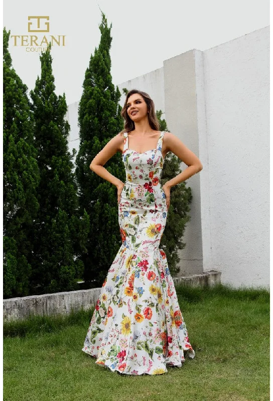 Maxi dresses with a ruffled neckline for a charming look Maxi dresses with a ruffled neckline for a charming look Terani Couture 251P4378 Fitted Formal Long Printed Prom Dress