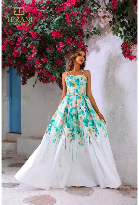Maxi dresses with a keyhole back for a sexy detail Maxi dresses with a keyhole back for a sexy detail Terani Couture 251P4535 Long Printed Formal A Line Prom Dress