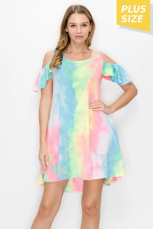 Satin mini dresses for a luxurious feelTie Dye Cold Shoulder Knit Shift Dress in Plus