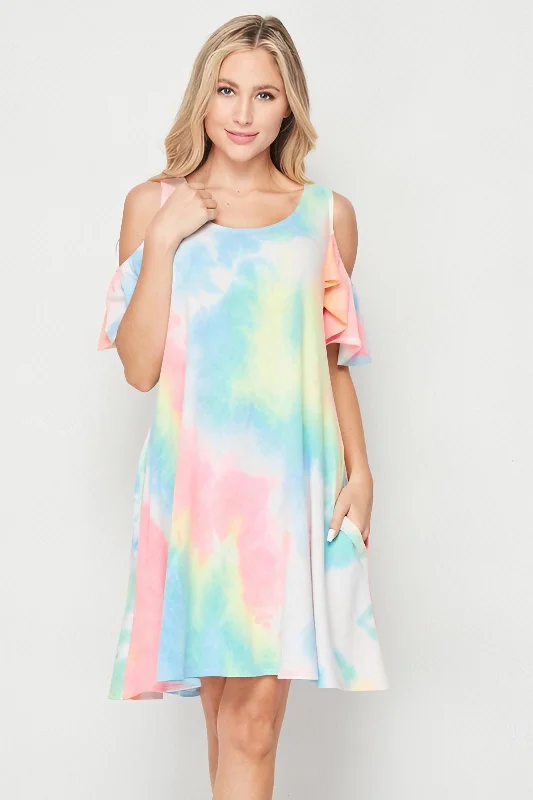 Mini dresses with button - down frontsTie Dye Cold Shoulder Knit Shift Dress