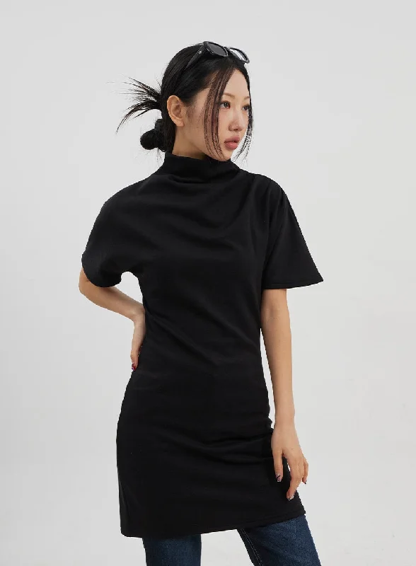 Mini dresses with criss - cross backs for a flirty lookTurtleneck Short Sleeve Mini Dress CJ330