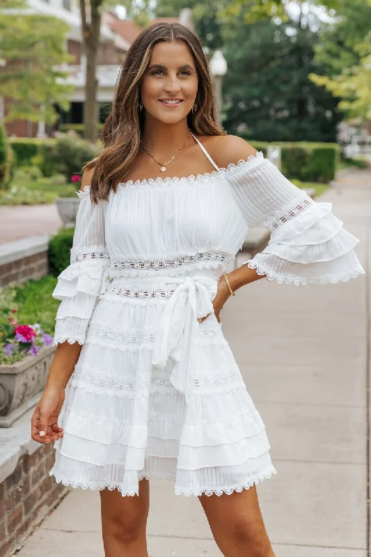 Mini dresses with empire waists for a flattering fitWhite Lace Ruffled Mini Dress - FINAL SALE