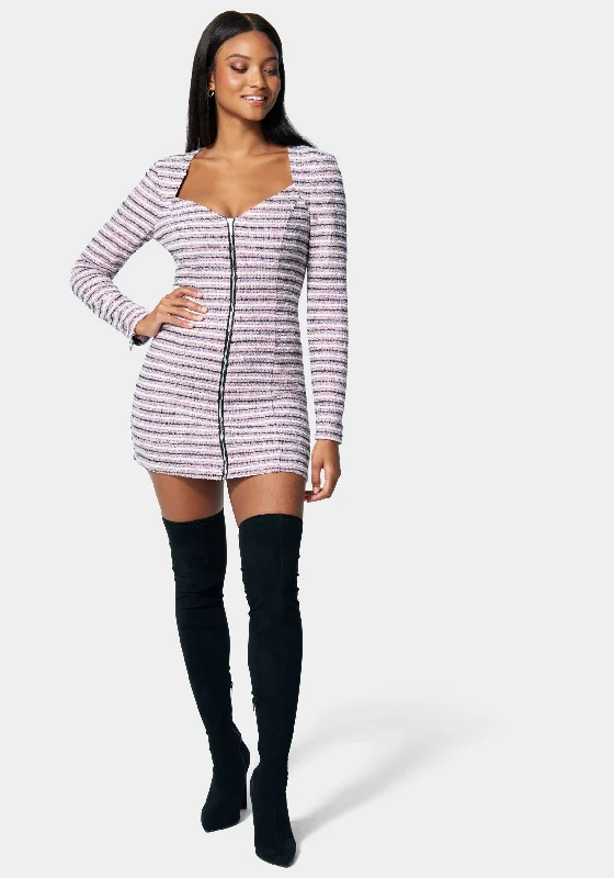 Mini dresses with criss - cross backs for a flirty lookZip Front Tweed Mini Dress