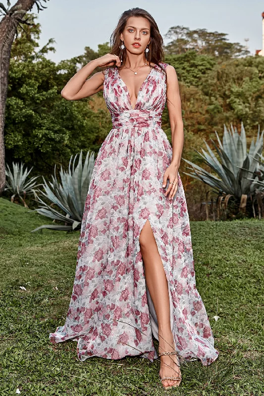 A - line cocktail dresses with floral embroidery for spring partiesA Line Deep V Neck Grey and Pink Floral Long Prom Dress