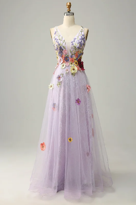 Satin cocktail dresses with a high - low hem for a modern touchA Line Deep V Neck Lavender Long Prom Dress with Appliques