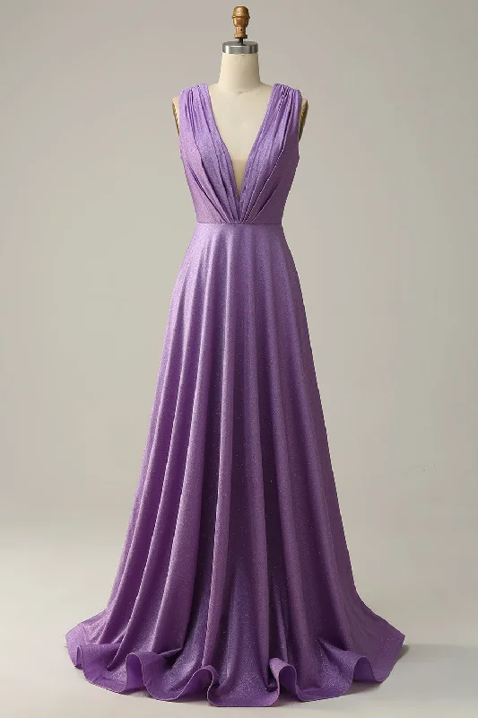 Cocktail dresses with a wrap - front style and a long - length optionA Line Deep V Neck Purple Sleeveless Long Prom Dress