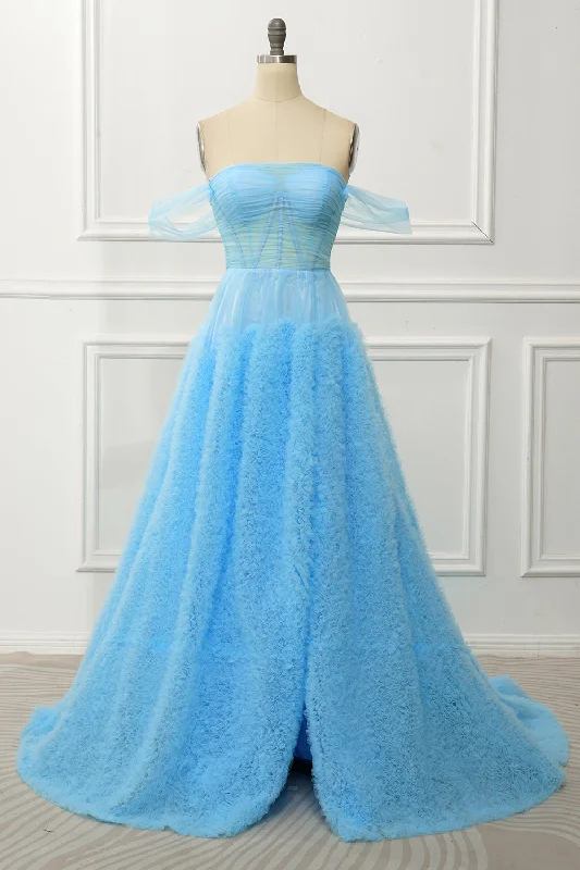 Cocktail dresses with a patchwork pattern and a mid - thigh lengthA Line Off the Shoulder Blue Corset Prom Dress with Ruffled