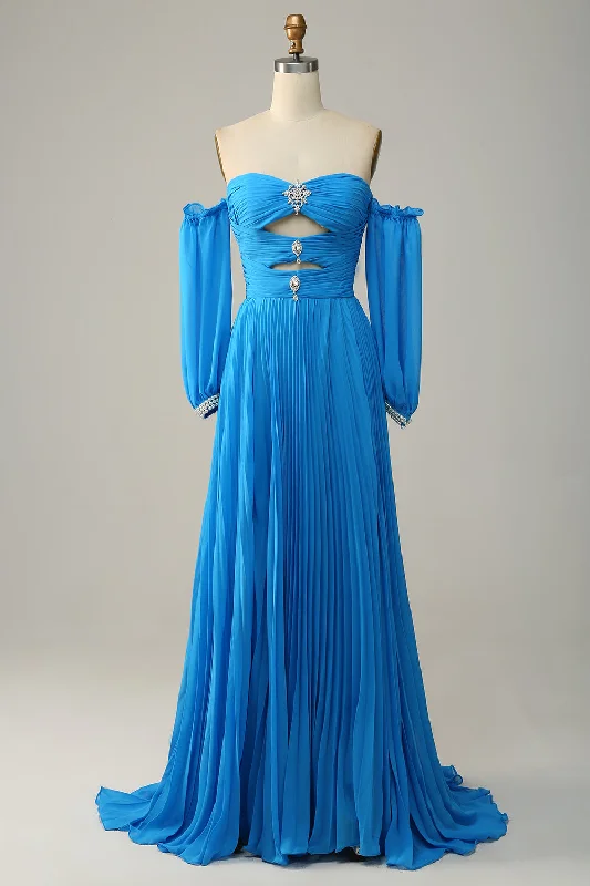 Mini cocktail dresses with a beaded bodice and a flirty A - line skirtA Line Off the Shoulder Blue Long Prom Dress With Beading