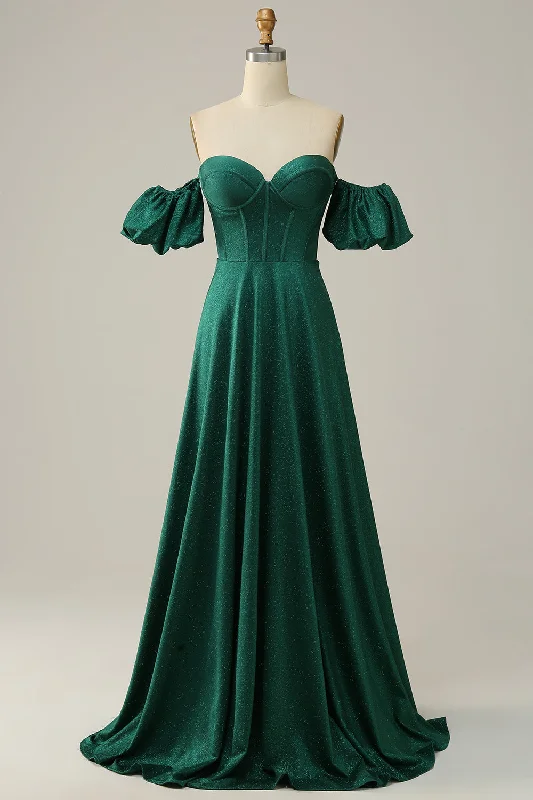 Cocktail dresses with a keyhole back and a midi - lengthA Line Off the Shoulder Dark Green Long Prom Dress