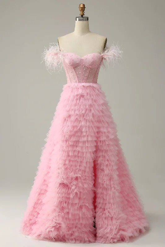 Animal - print cocktail dresses with a V - neck for a fierce lookA Line Off the Shoulder Pink Corset Prom Dress with Ruffled Feathers
