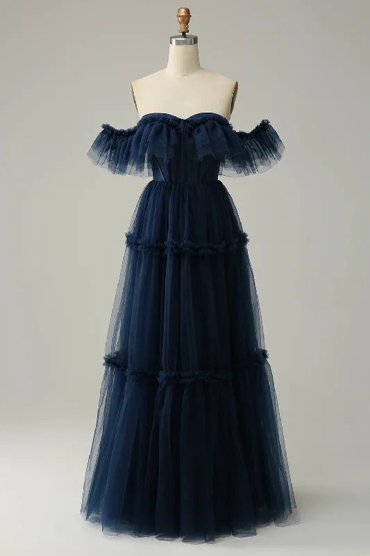 Mini cocktail dresses with a beaded bodice and a flirty A - line skirtA-Line Off the Shoulder Sweetheart Tulle Navy Long Prom Dress