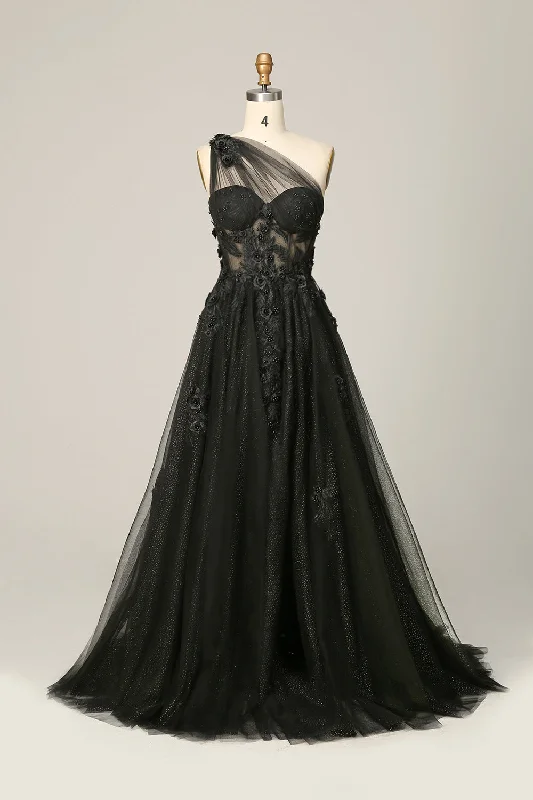 Ruffled cocktail dresses with a knee - length hem for a feminine appealA Line One Shoulder Black Long Prom Dress with Appliques