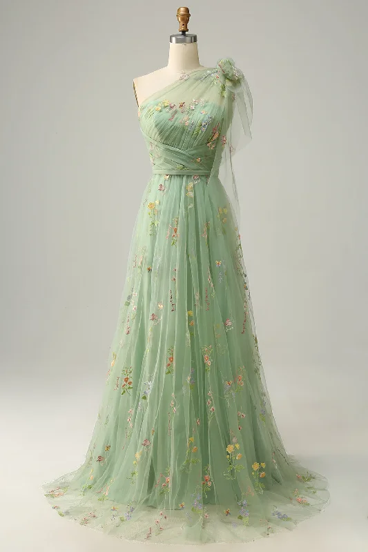 Lace - trimmed cocktail dresses in a pastel color for a soft appearanceA-Line One Shoulder Green Long Prom Dress With Embroidery