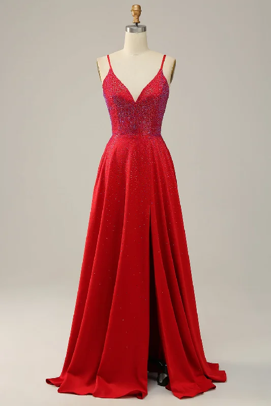 Cocktail dresses with off - the - shoulder designs and beaded accentsA Line Red Spaghetti Straps Beaded Long Prom Dress