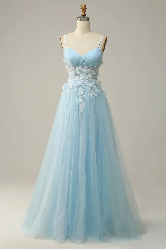 Cocktail dresses with a tassel - adorned belt and a sheath styleA Line Spaghetti Straps Sky Blue Prom Dress with Appliques