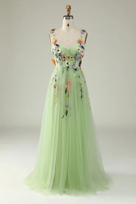 Asymmetric - hem cocktail dresses in a bold color for a fashion - forward lookA Line Spaghetti Straps Green Prom Dress With 3D Flowers